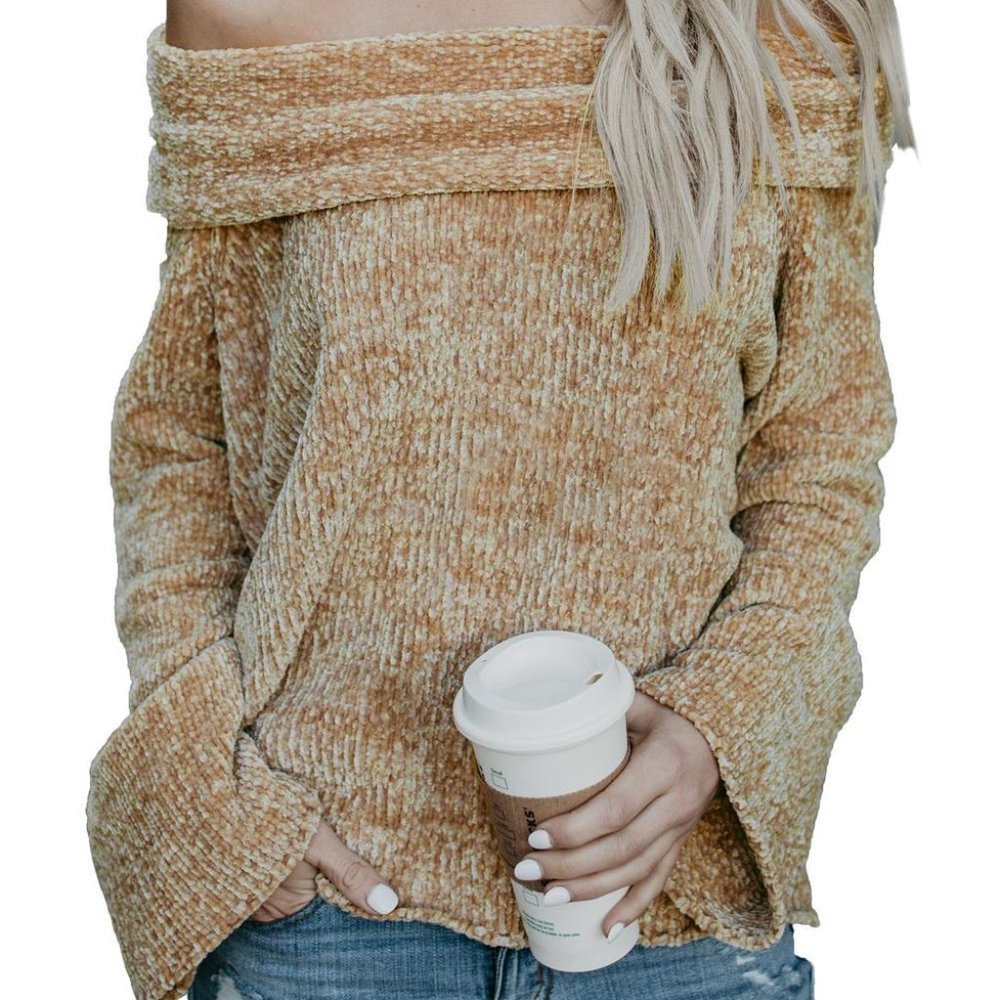 Chic Khaki Soft Velvet Knit Off Shoulder Sweater - Picture 1 of 6